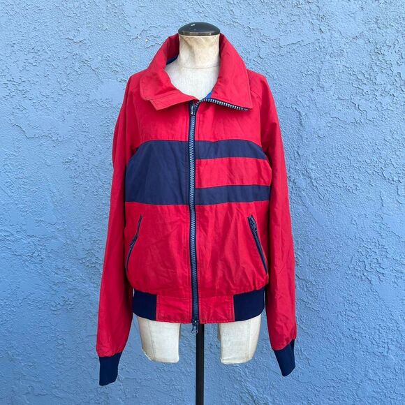 Red 80s Color Block Windbreaker Preppy Jacket Size Large - Picture 2 of 8